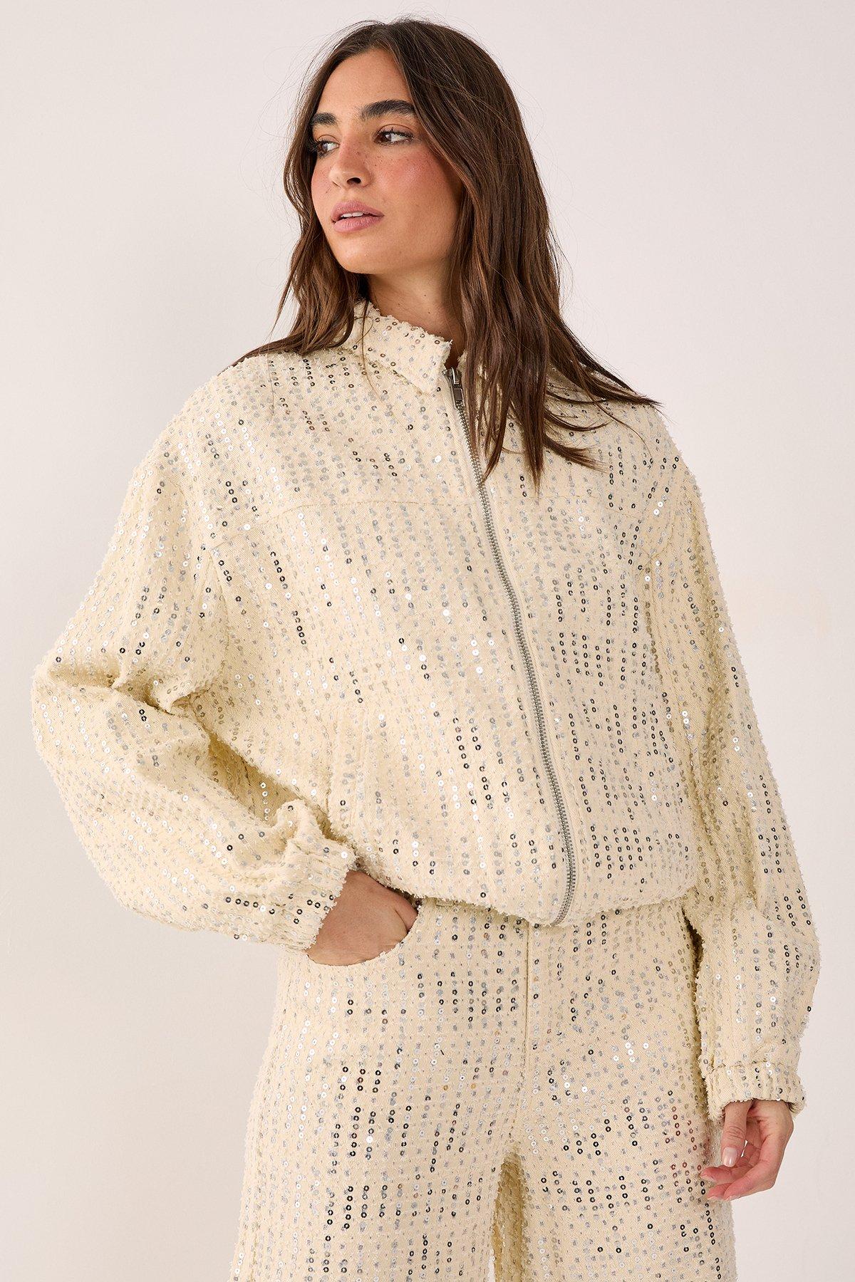 NastyGal (AZ) Denim Sequin Bomber Jacket Ecru image 1