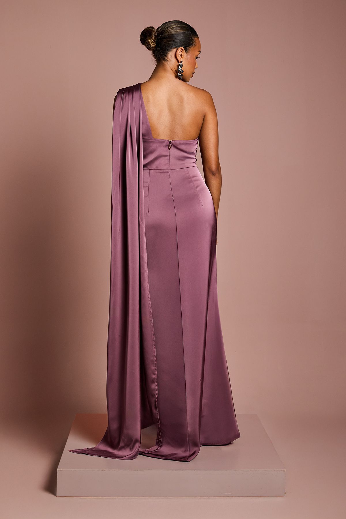 Coast Coast Honoured Petite Drape One Shoulder Satin Maxi Bridesmaid Dress Dark Mauve image 3