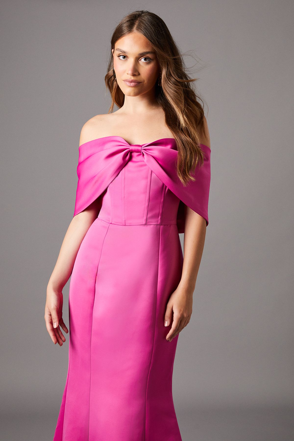 Coast Bardot Bow Effect Fishtail Maxi Occasion Dress Pink image 2