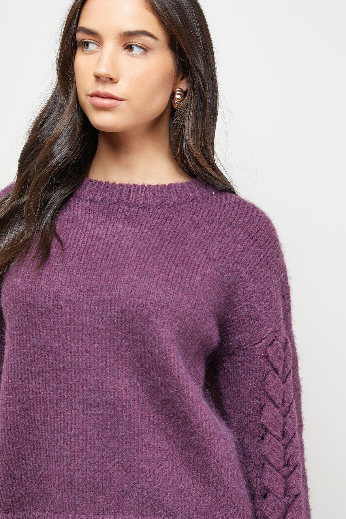 Oasis Cable Knit Sleeve Crew Neck Cosy Jumper Aubergine image 2