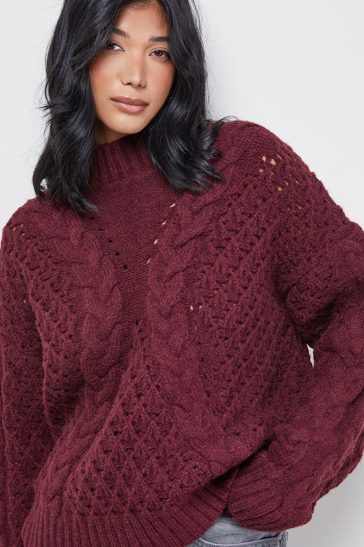 Warehouse Chunky Cable Knit Roll Neck Jumper Dark Red
