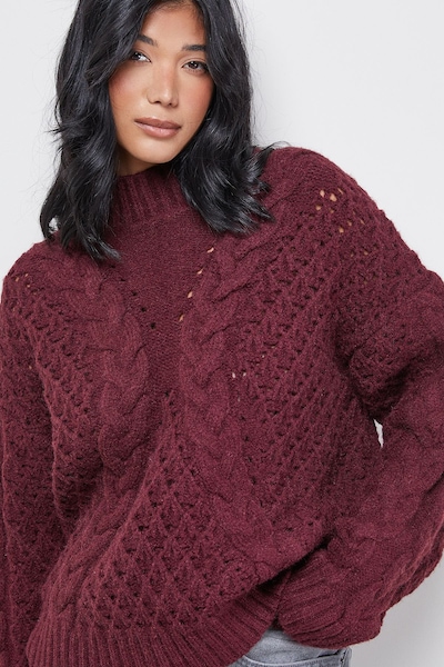 Warehouse Chunky Cable Knit Roll Neck Jumper Dark Red