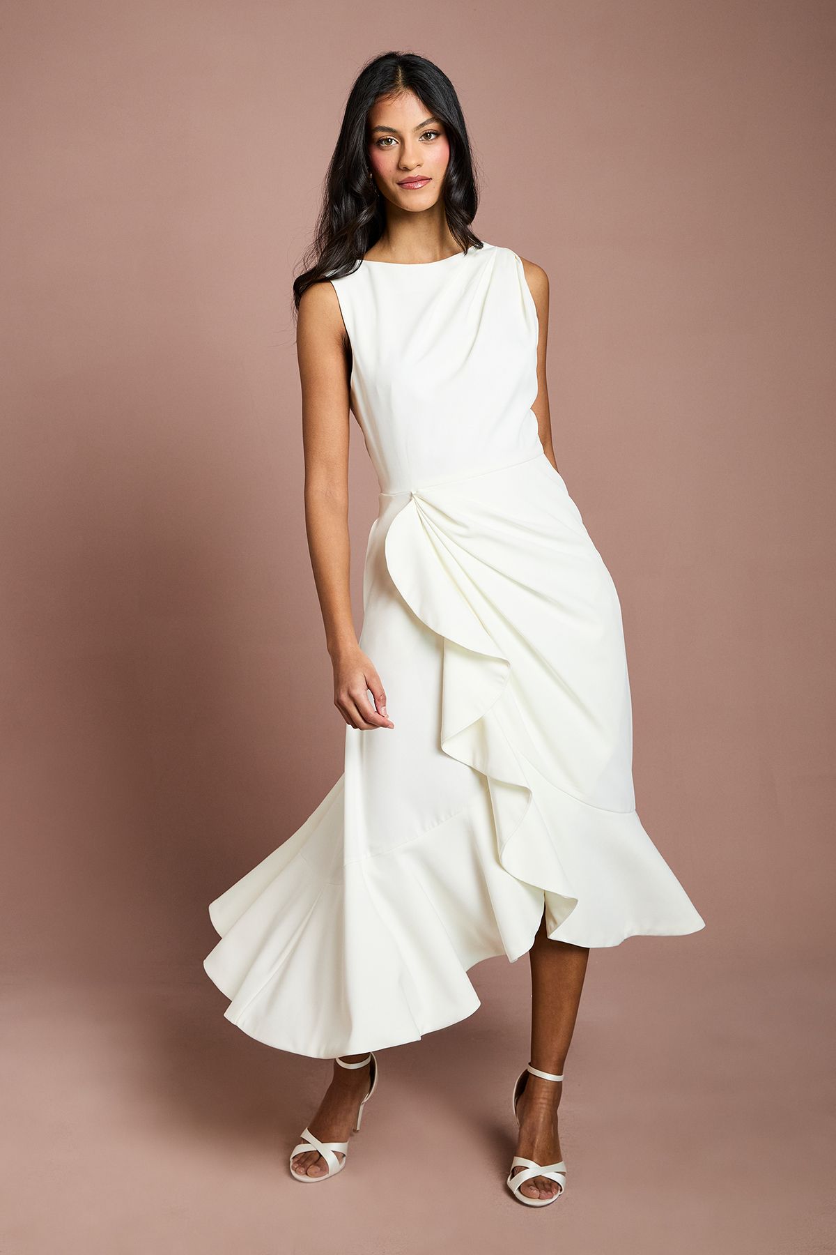 Coast Petite Crepe Ruffle Dress With Low Back Ivory image 1