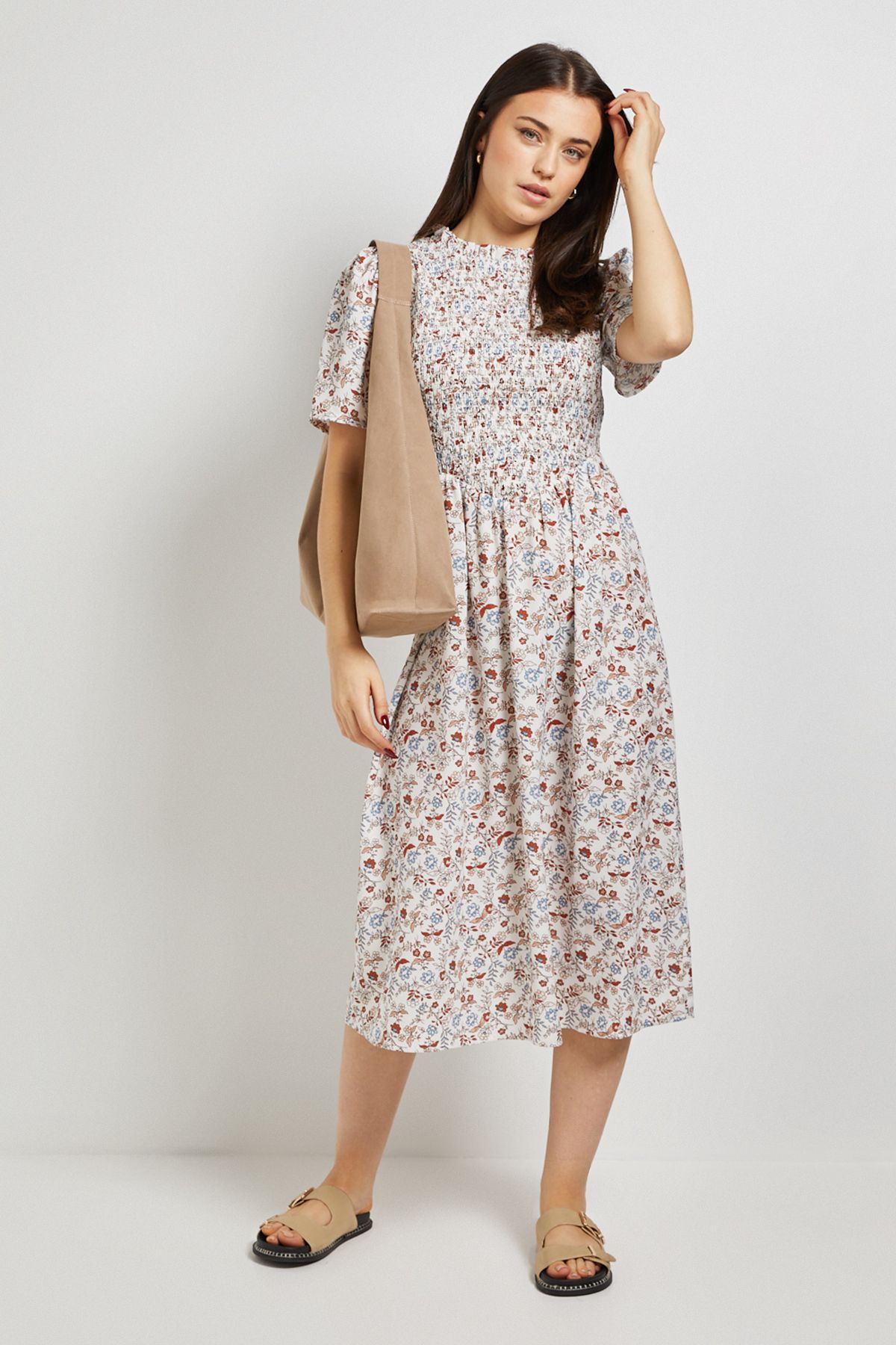 Dorothy Perkins Petite Cream Floral Shirred Bodice Drop Waist Midi Dress Floral