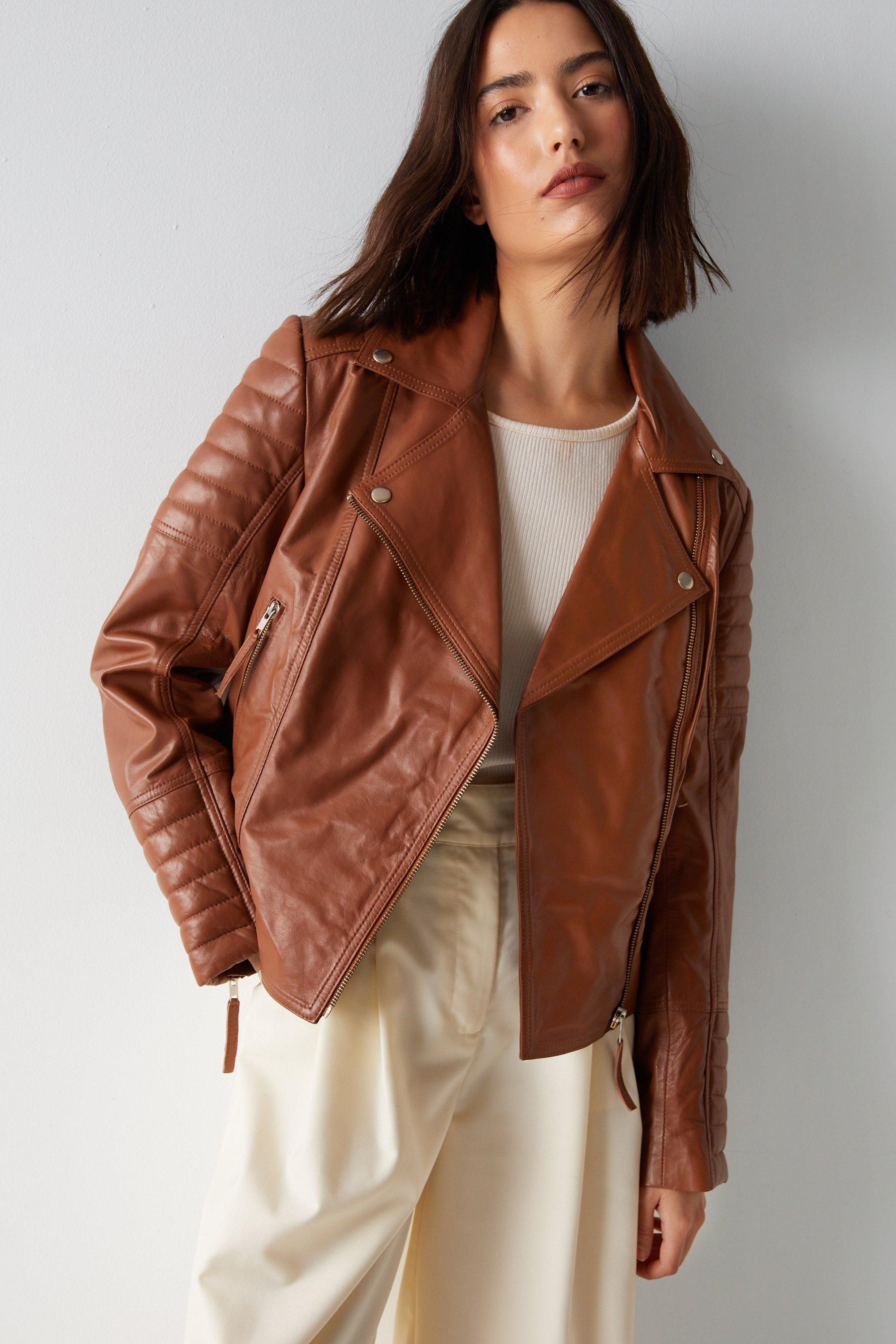 Warehouse Essentials Real Leather Quilted Biker Jacket Tan