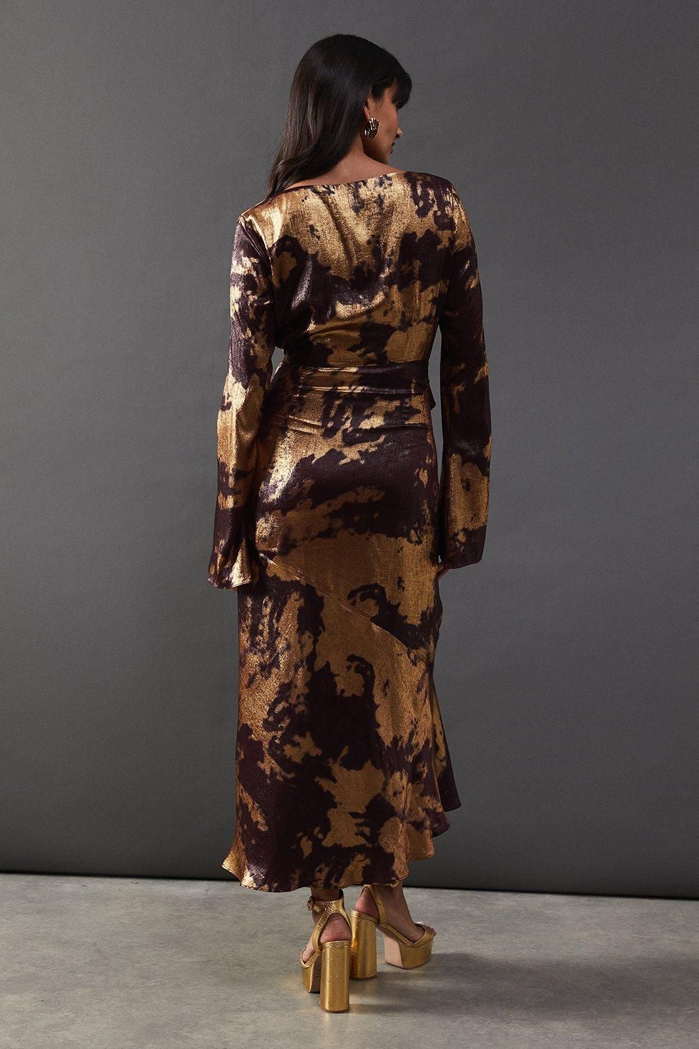 Warehouse Metallic Marble Twist Front Bias Midi Dress Metal image 3