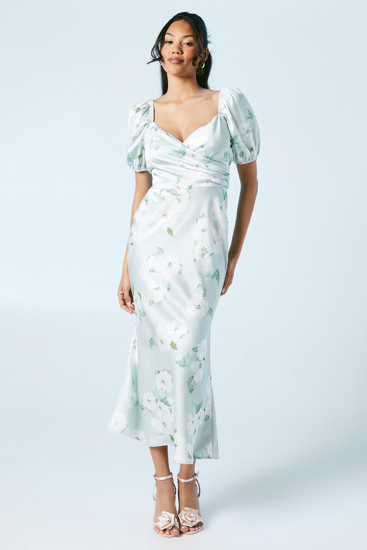 Oasis Sage Posy Puff Sleeve Satin Wrap Top Bridesmaid Midi Dress Sage image 1