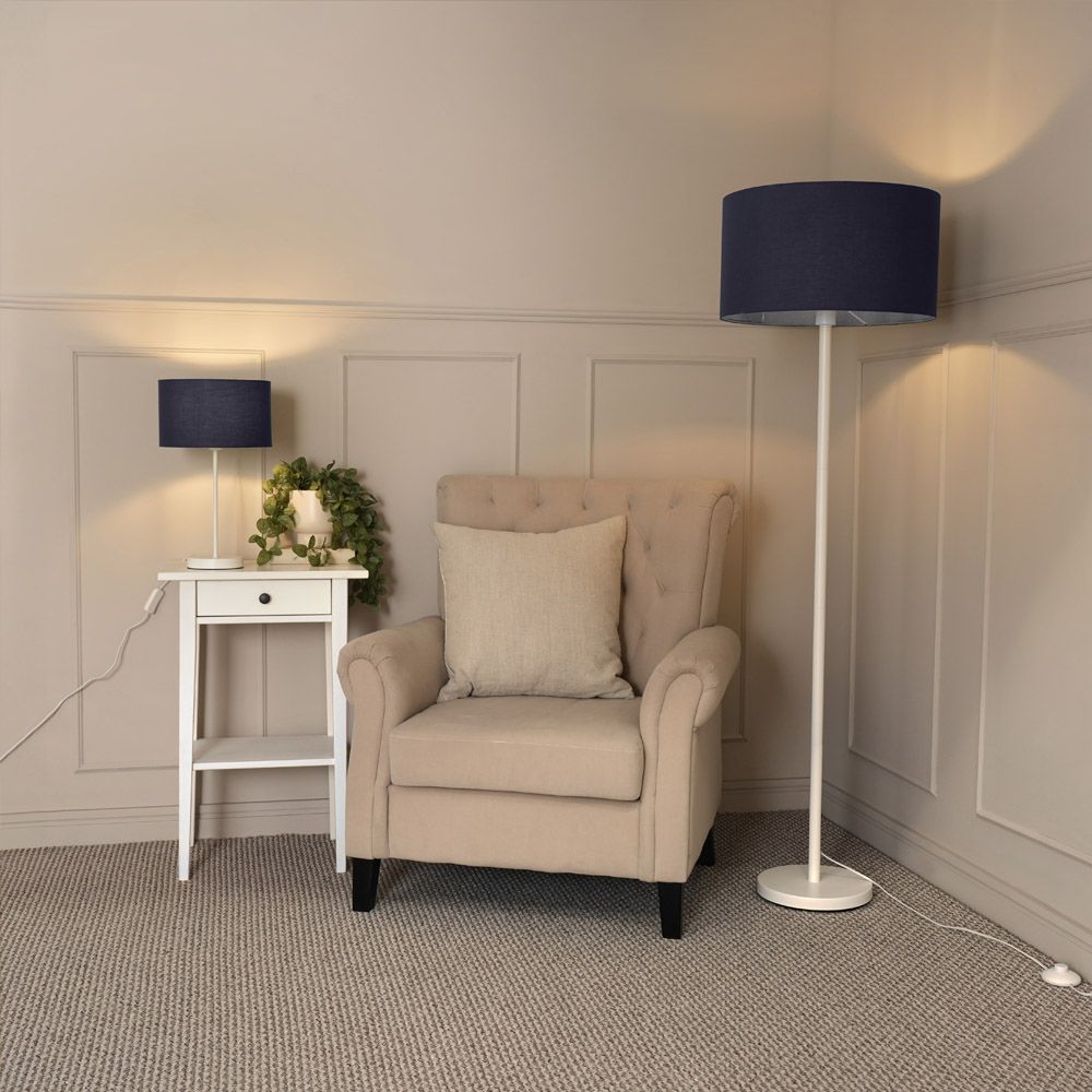 ValueLights Charlie White Metal Single Stem Table Lamp with Fabric Drum Lamp Shade image 3