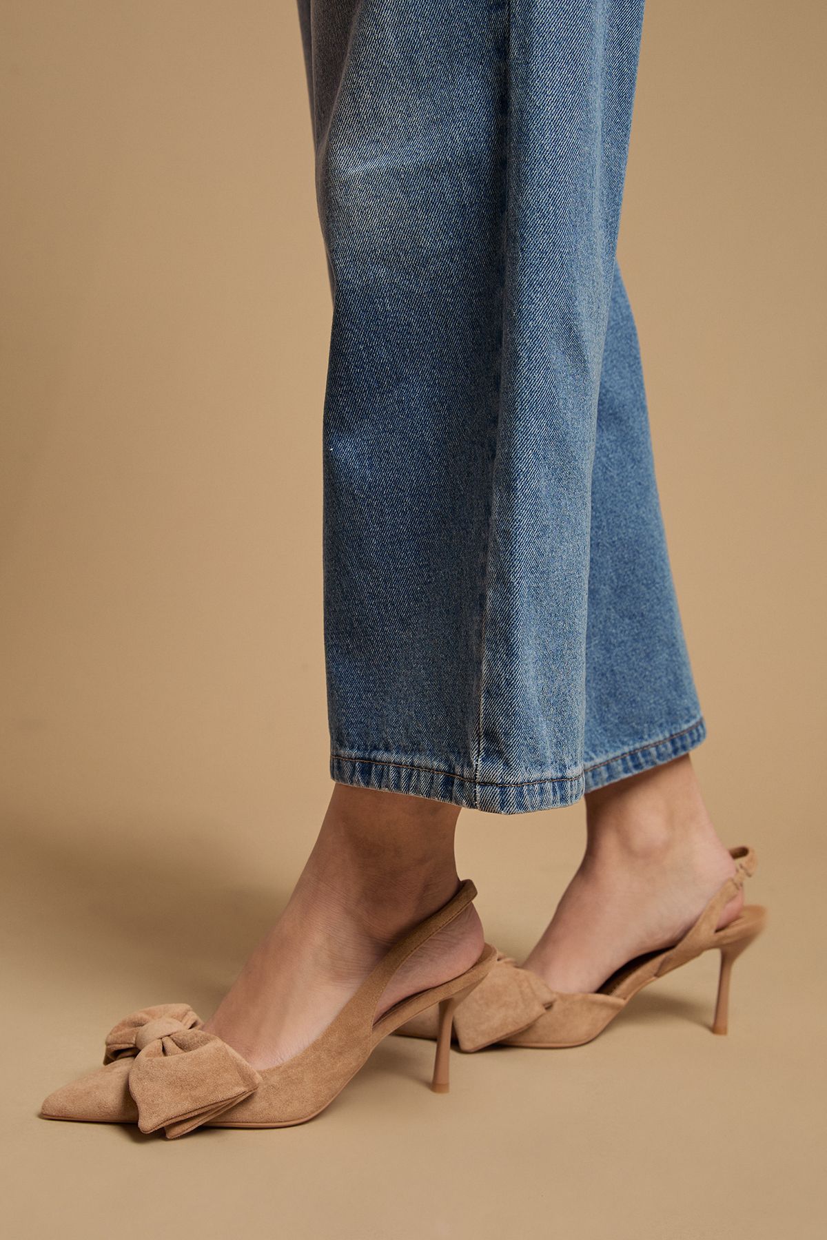 Oasis Rose Faux Suede Bow Detail High Stillo Heeled Slingback Court Shoes Beige