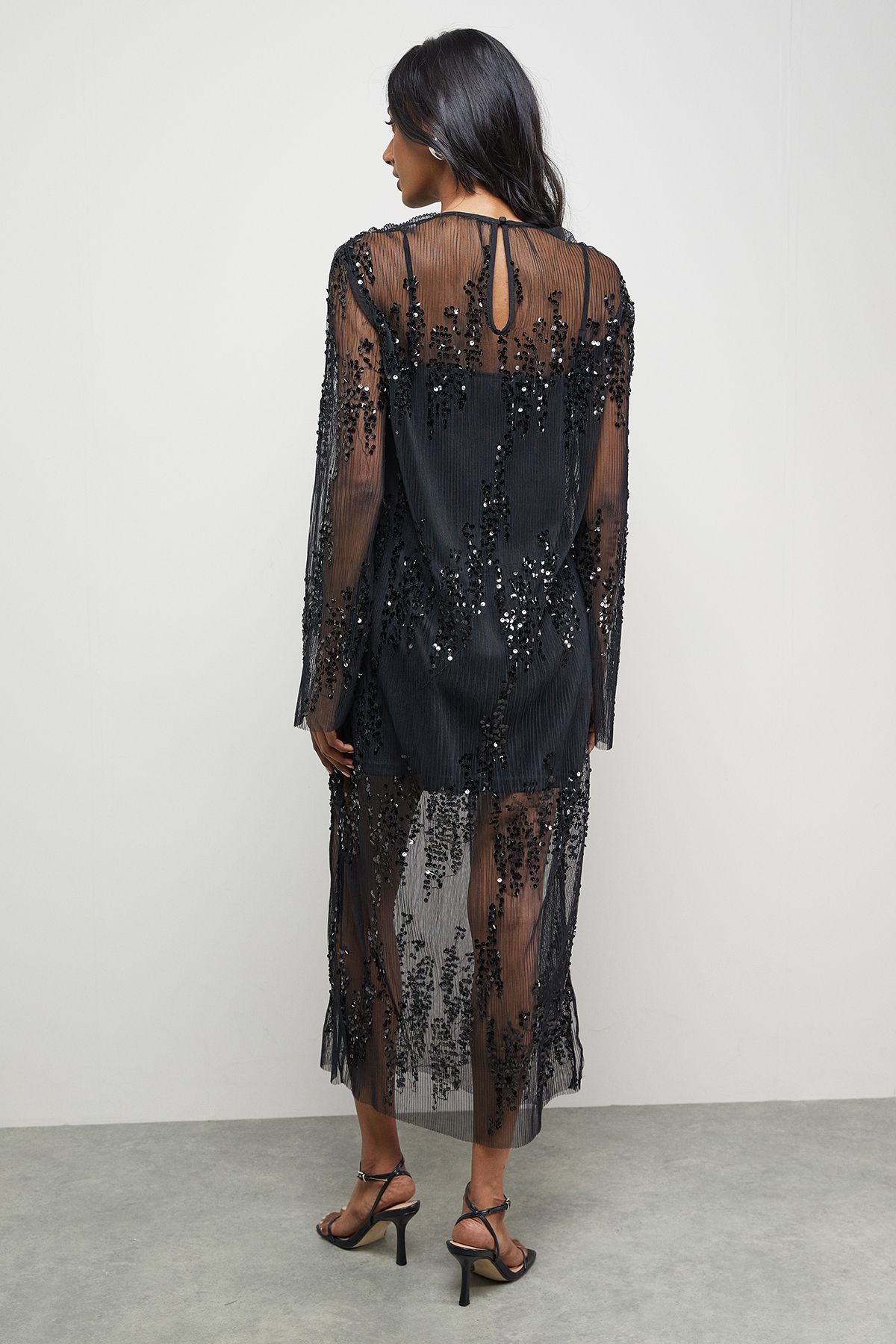 Warehouse Sequin Sheer Crinkle Column Midi Dress Black image 3