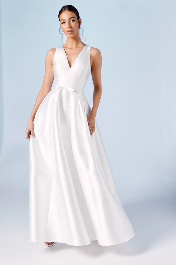 Coast Coast Honoured Plunge Neck Bow Waist Maxi Wedding Dress With Pockets Ivory