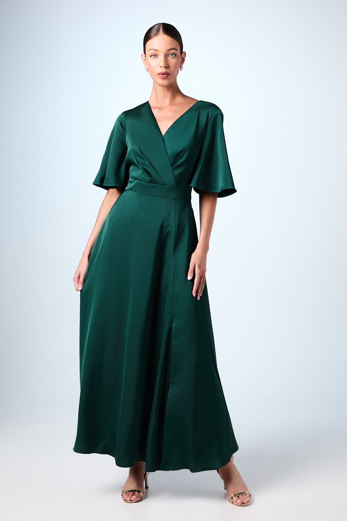 Coast Angel Sleeve Wrap Satin Maxi Bridesmaid Dress Emerald image 1