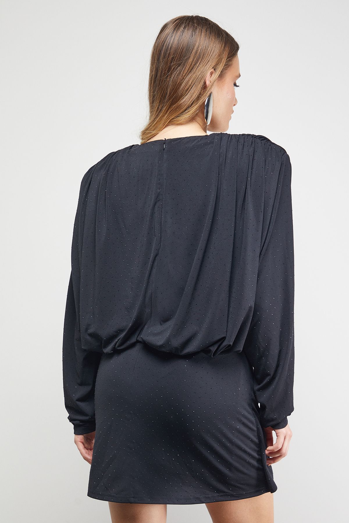 Warehouse Hotfix Plunge Neck Shoulder Pad Rosette Mini Dress Black image 3