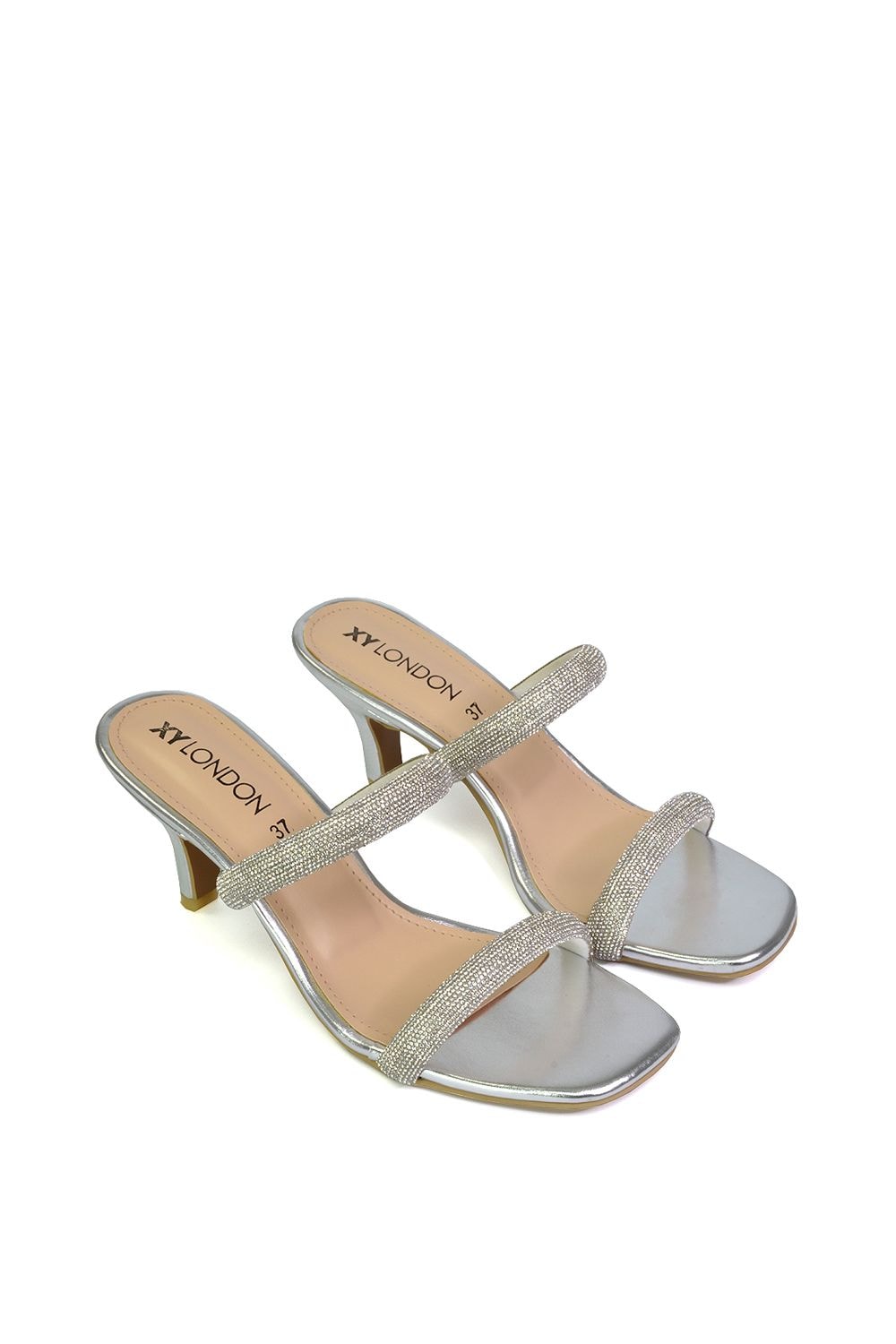 XY London 'Nancy' Square Toe Diamante Strappy Slip On Low Kitten Heel Mules image 5