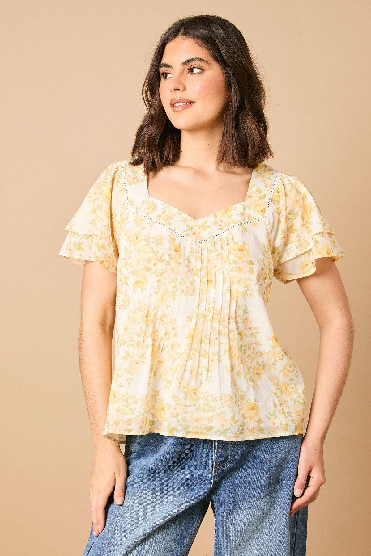 Oasis Printed Trim Detail Ruffle Sleeve Smock Top Multi image 1