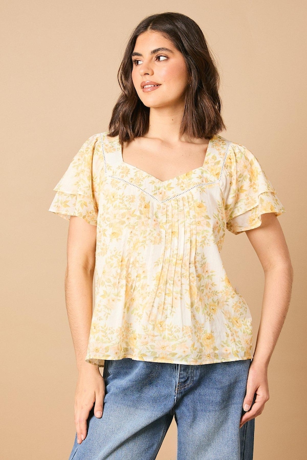 Oasis Printed Trim Detail Ruffle Sleeve Smock Top Multi