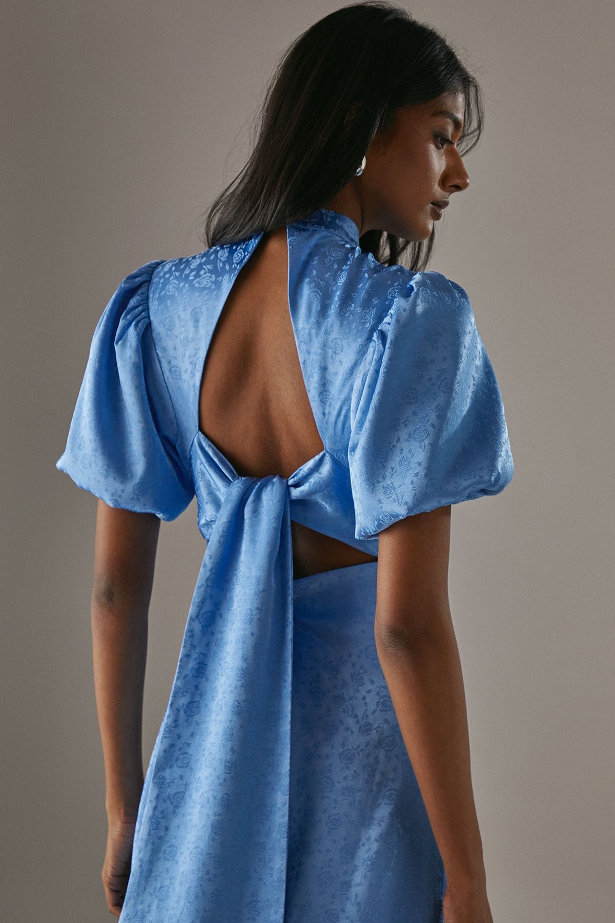 Warehouse Rose Satin Jacquard Puff Sleeve Tie Back Midi Dress Blue image 5