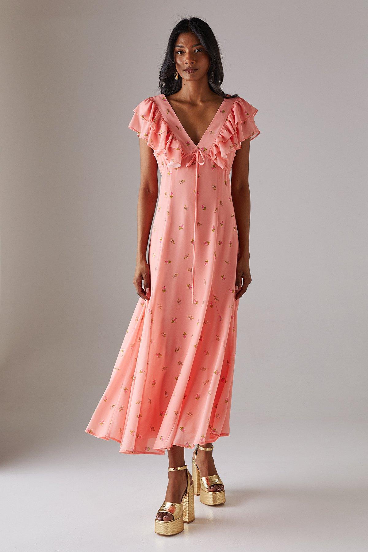 Warehouse Floral Frill Tie Front Midi Tea Dress Peach image 1