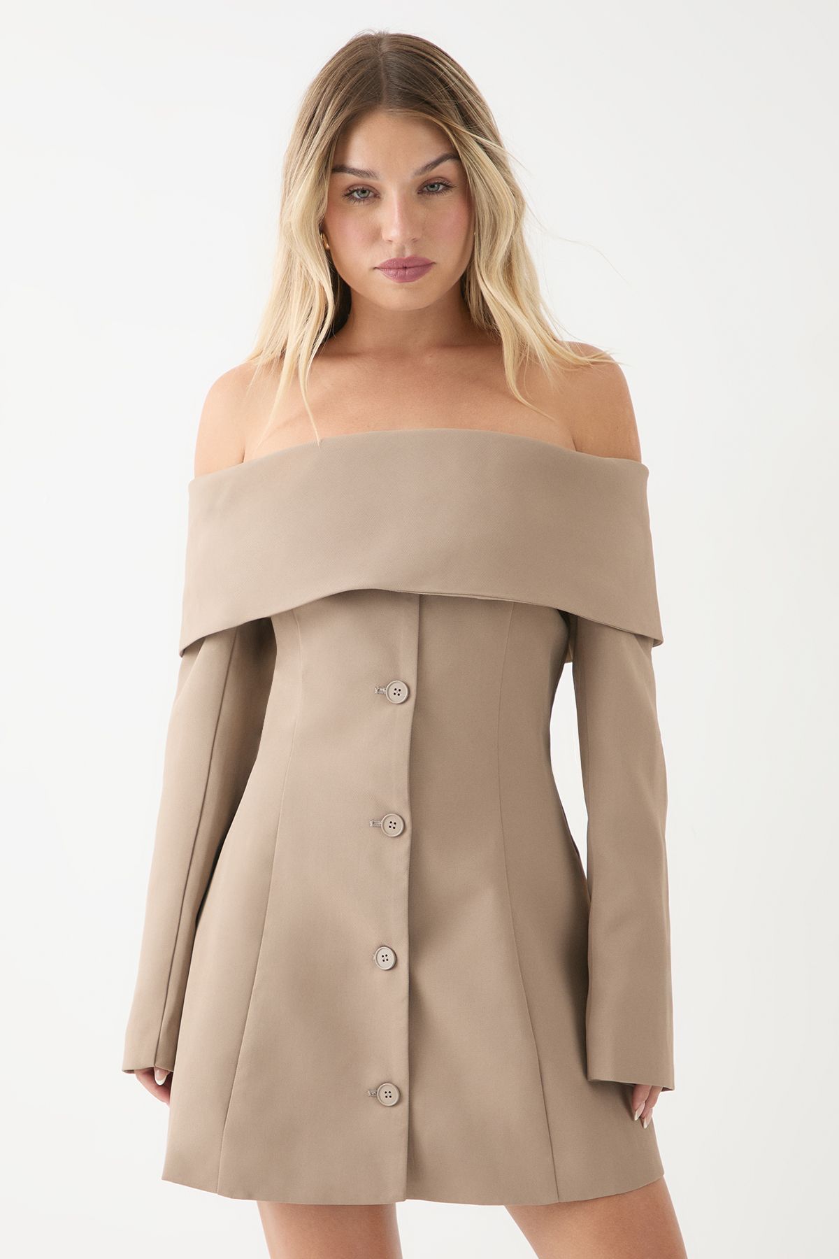 MissPap Tailored Bardot Blazer Mini Dress Taupe image 2