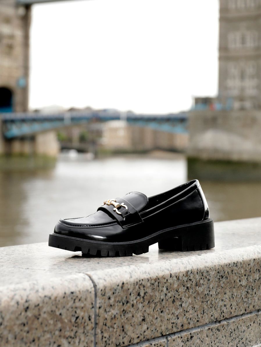 Linzi Aria Black Faux High Shine Leather Chunky Sole Loafer image 2