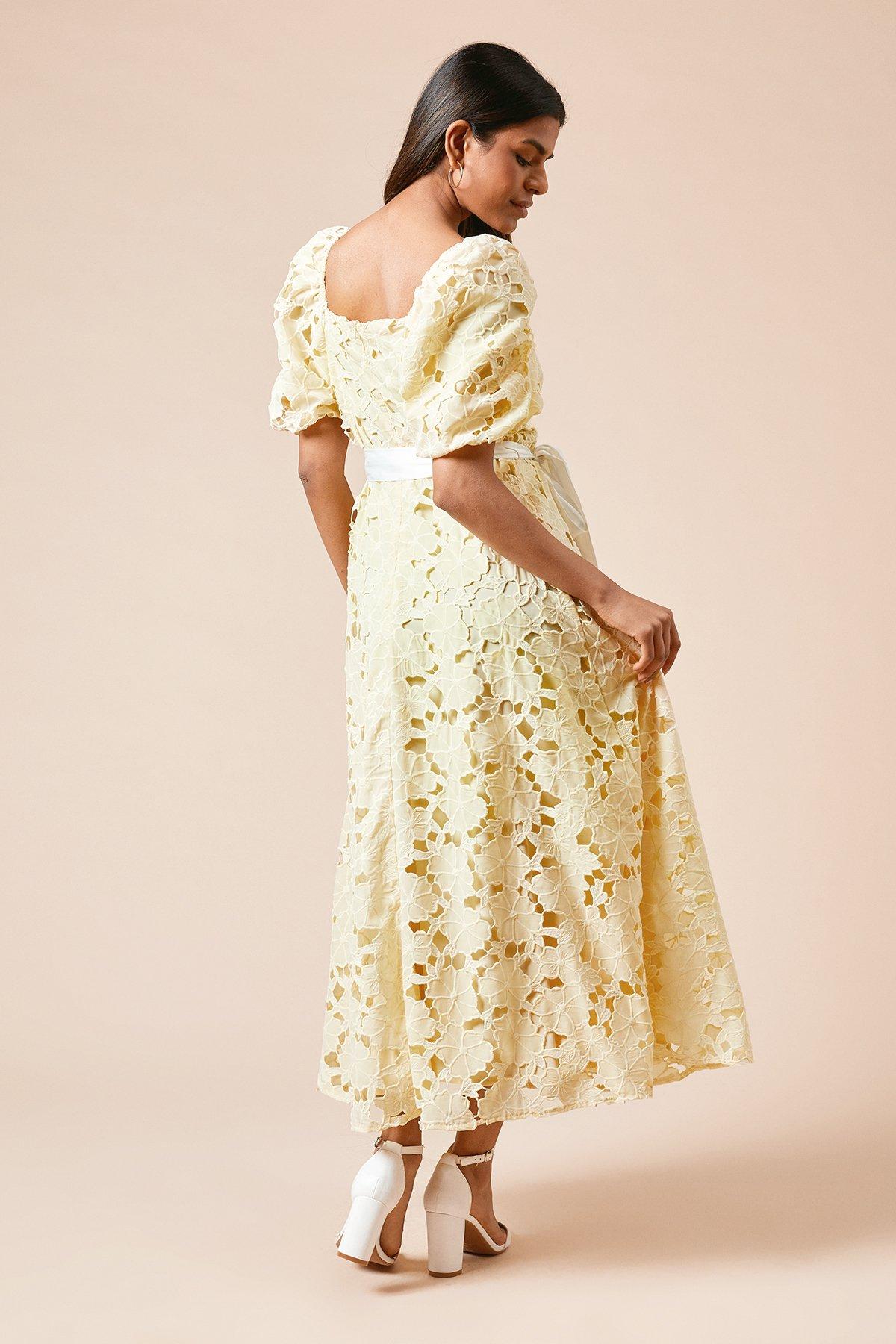 Dorothy Perkins Petite DP Luxe Cutwork Lace Contrast Belt Midi Dress Lemon image 3