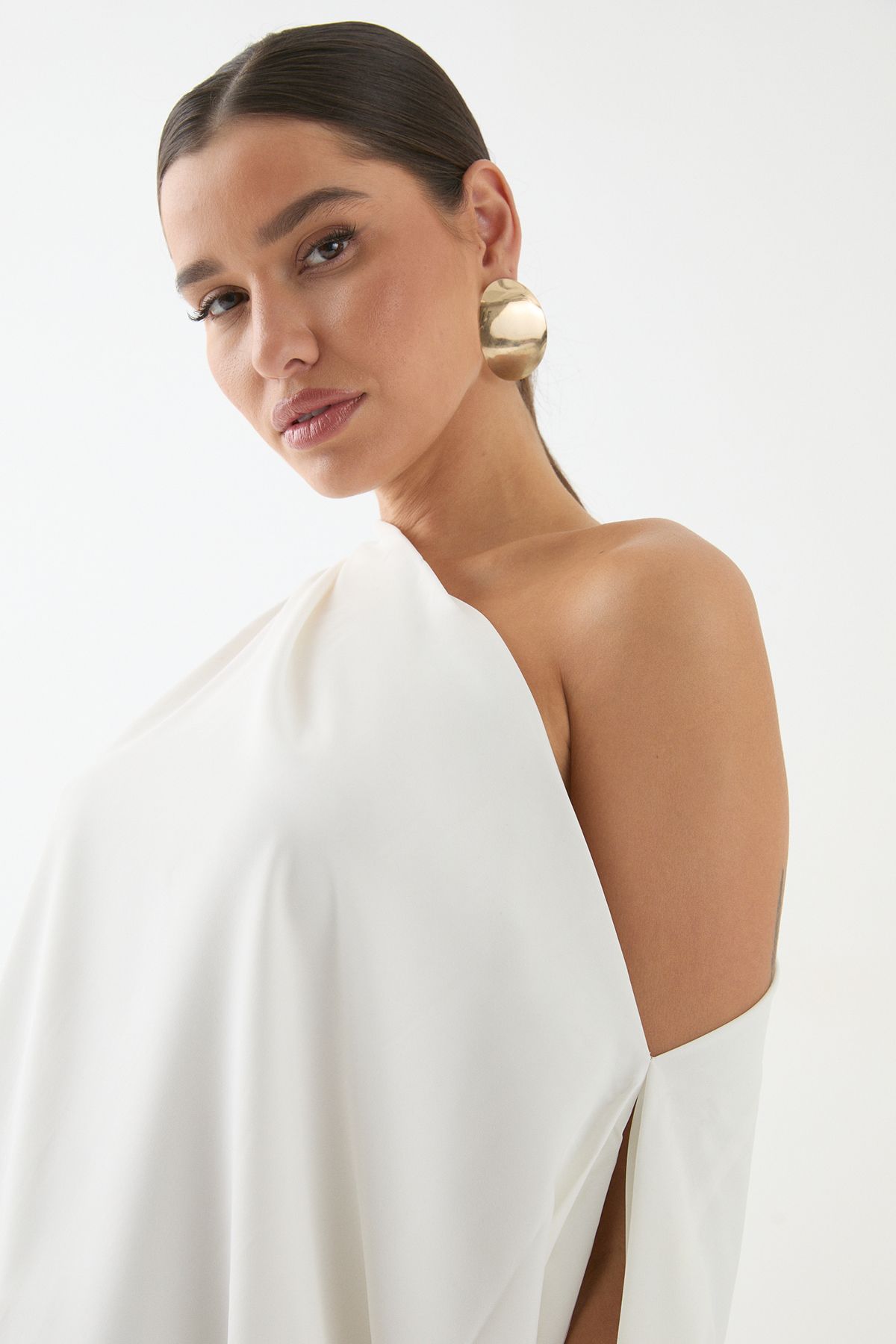 MissPap Satin Off Shoulder Asymmetric Bodycon Mini Dress Ivory image 4