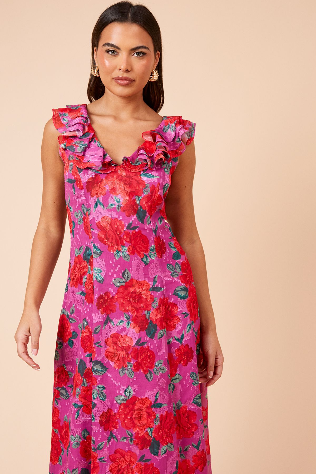 Dorothy Perkins DP Luxe  Printed Jacquard Chiffon Ruffle Front Sleeveless Midi Dress Floral image 2