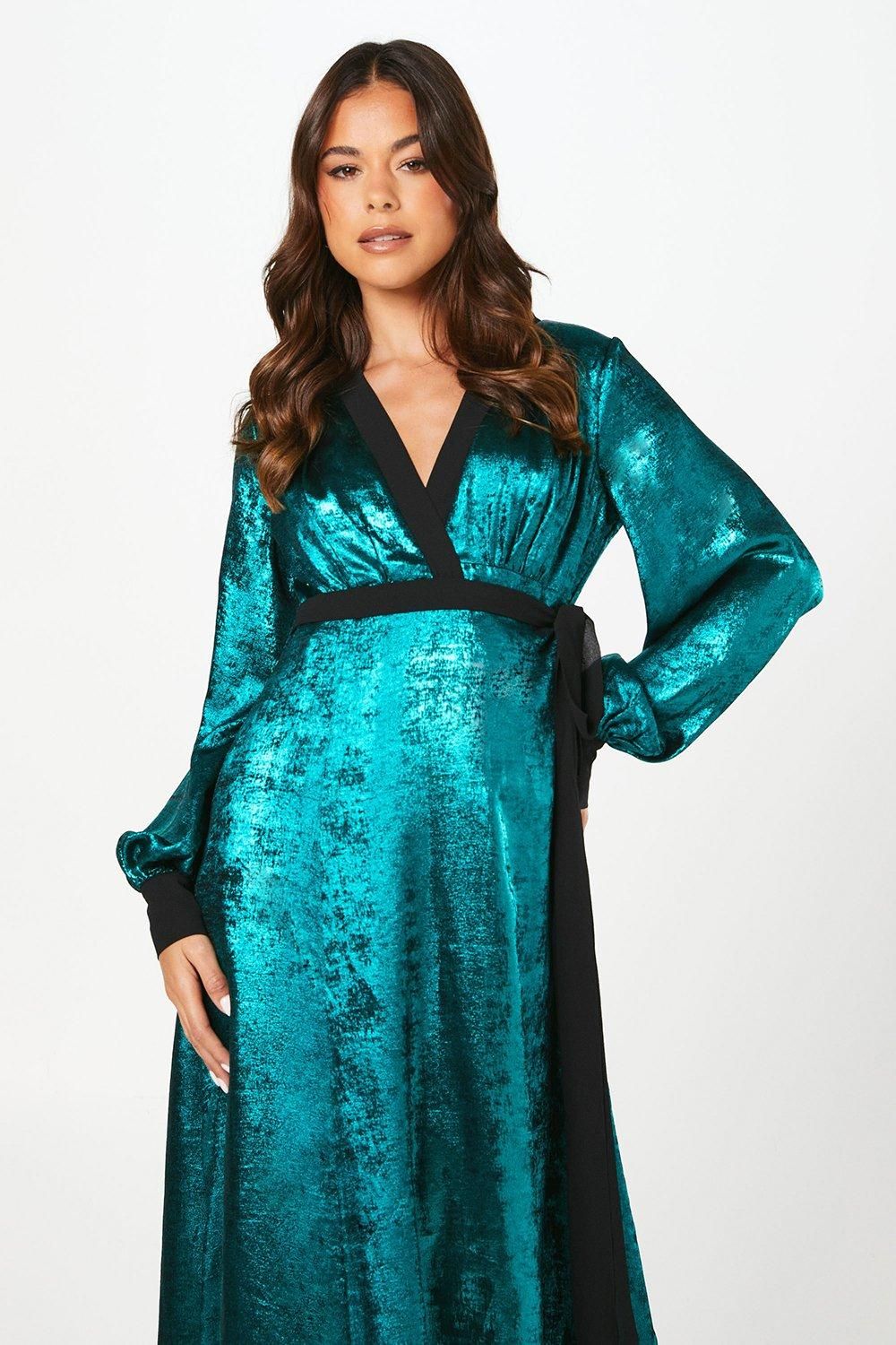 Coast Petite Party Metallic Long Sleeve Wrap Midi Dress Teal image 2