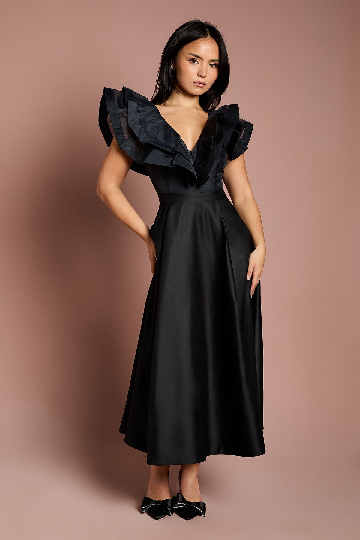 Coast Petite Volume Frill Shoulder Midi Dess Black image 1