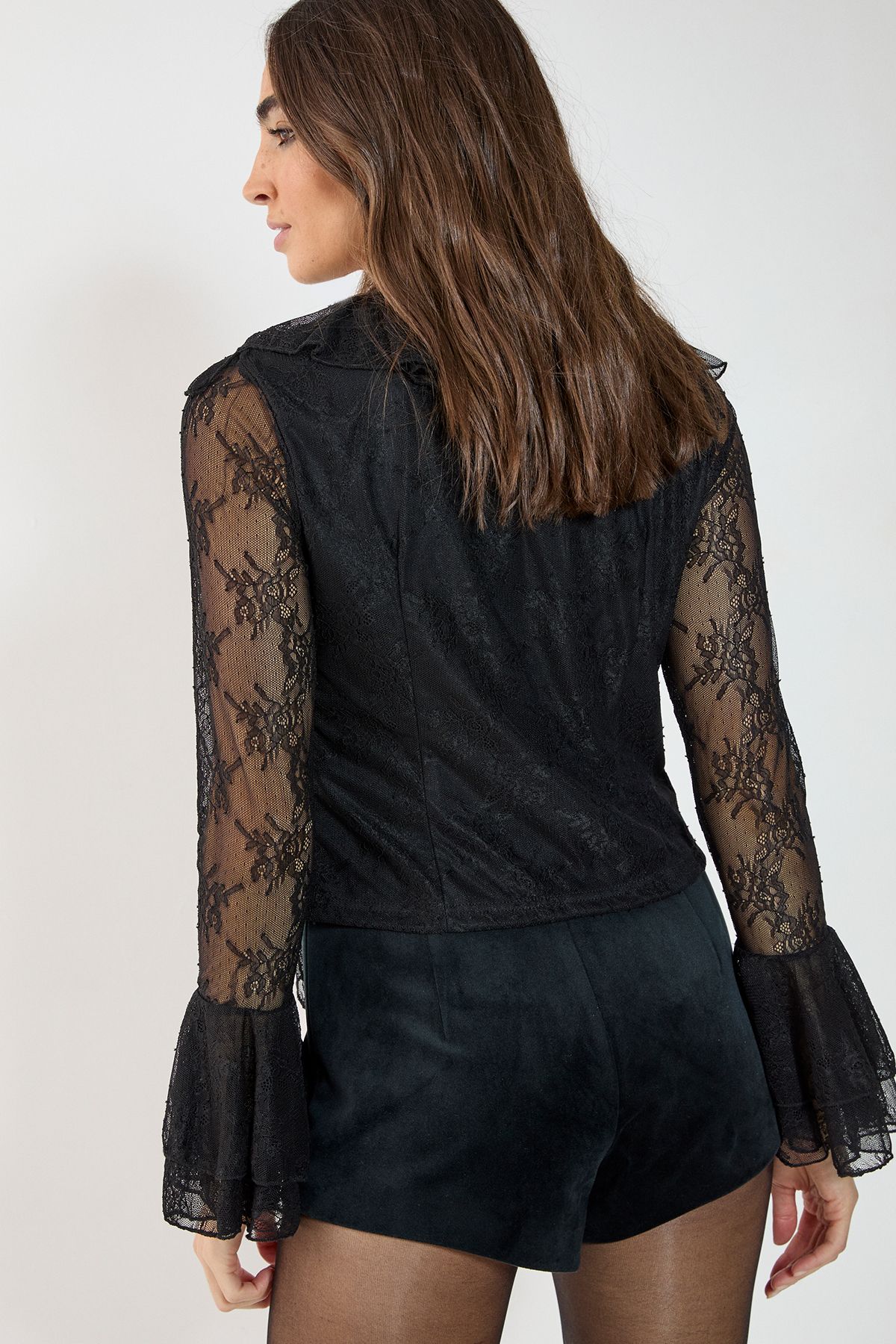NastyGal Lace Ruffle Sheer Blouse Black image 4