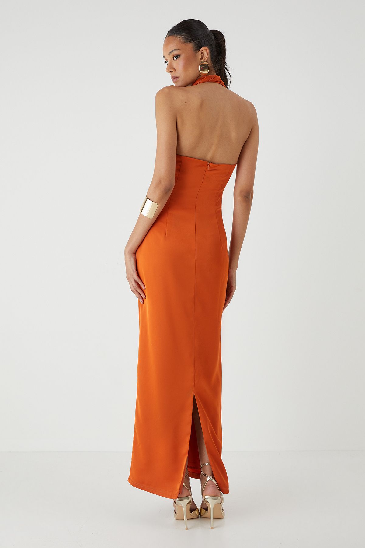 MissPap Knot Detail Satin Maxi Dress Orange image 4