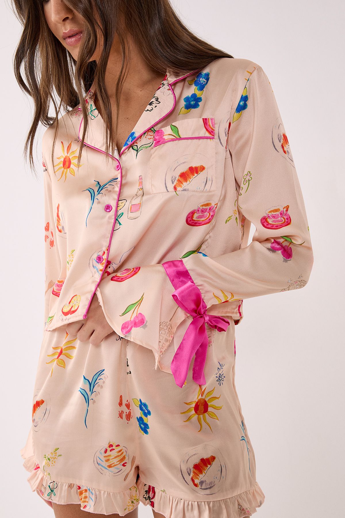 NastyGal Satin Conversational Contrast Tie Cuff Ruffle Pajama Shorts Set Champagne image 4