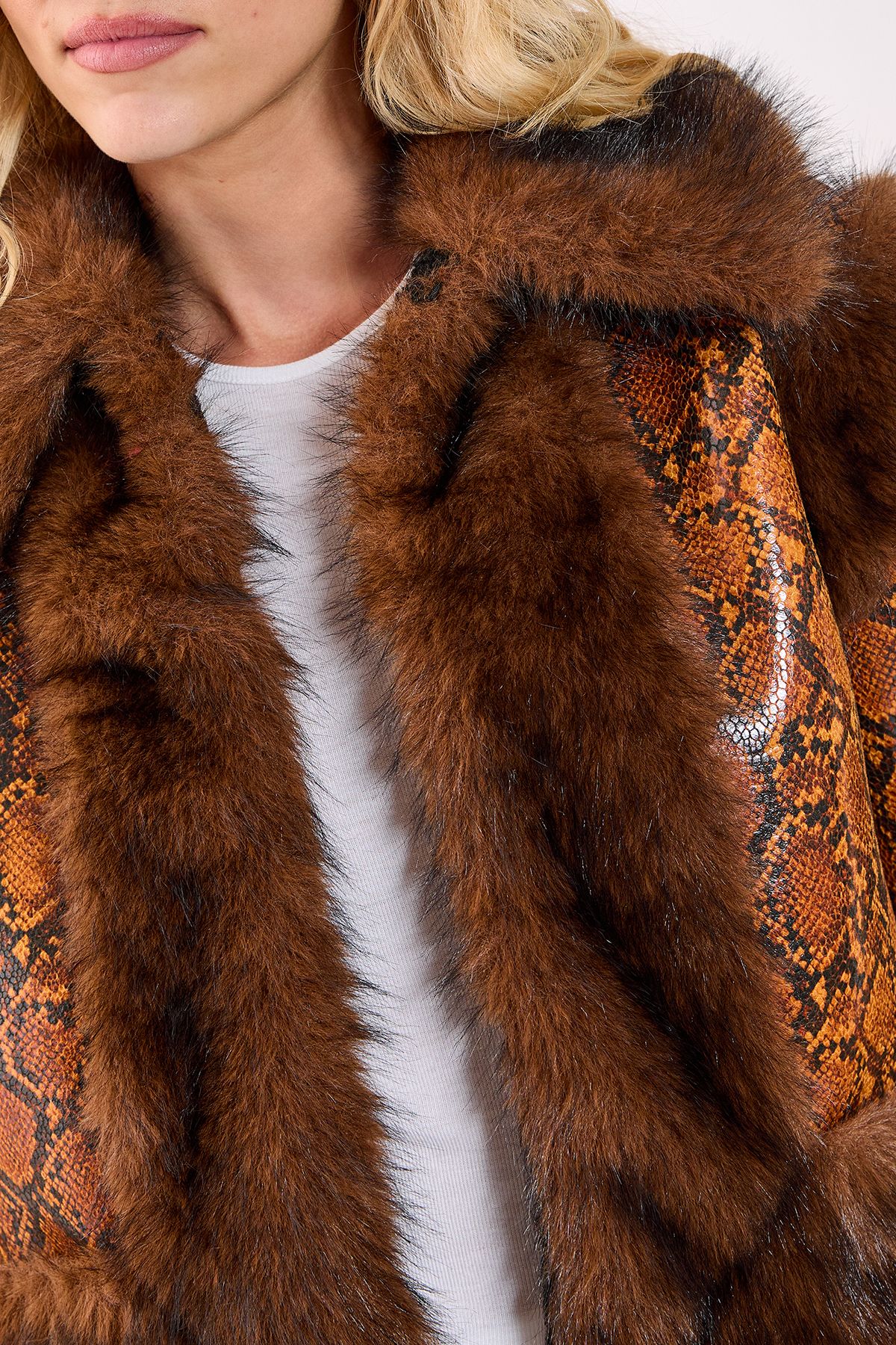 NastyGal Snake Animal Vinyl Faux Leather Fur Trim Jacket Brown image 5