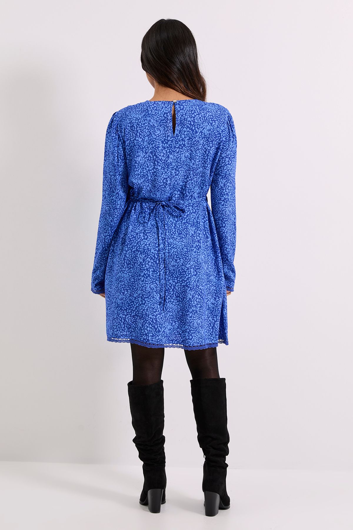 Dorothy Perkins Petite Blue Animal Lace Trim Detail Tie Back Printed Mini Dress Animal image 3
