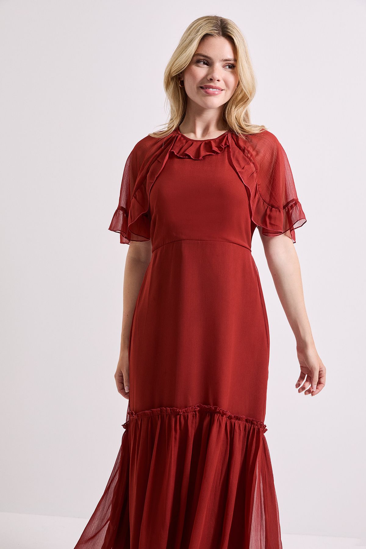 Dorothy Perkins Frill Cape Sleeve Tiered Chiffon Midi Dress Brown image 2