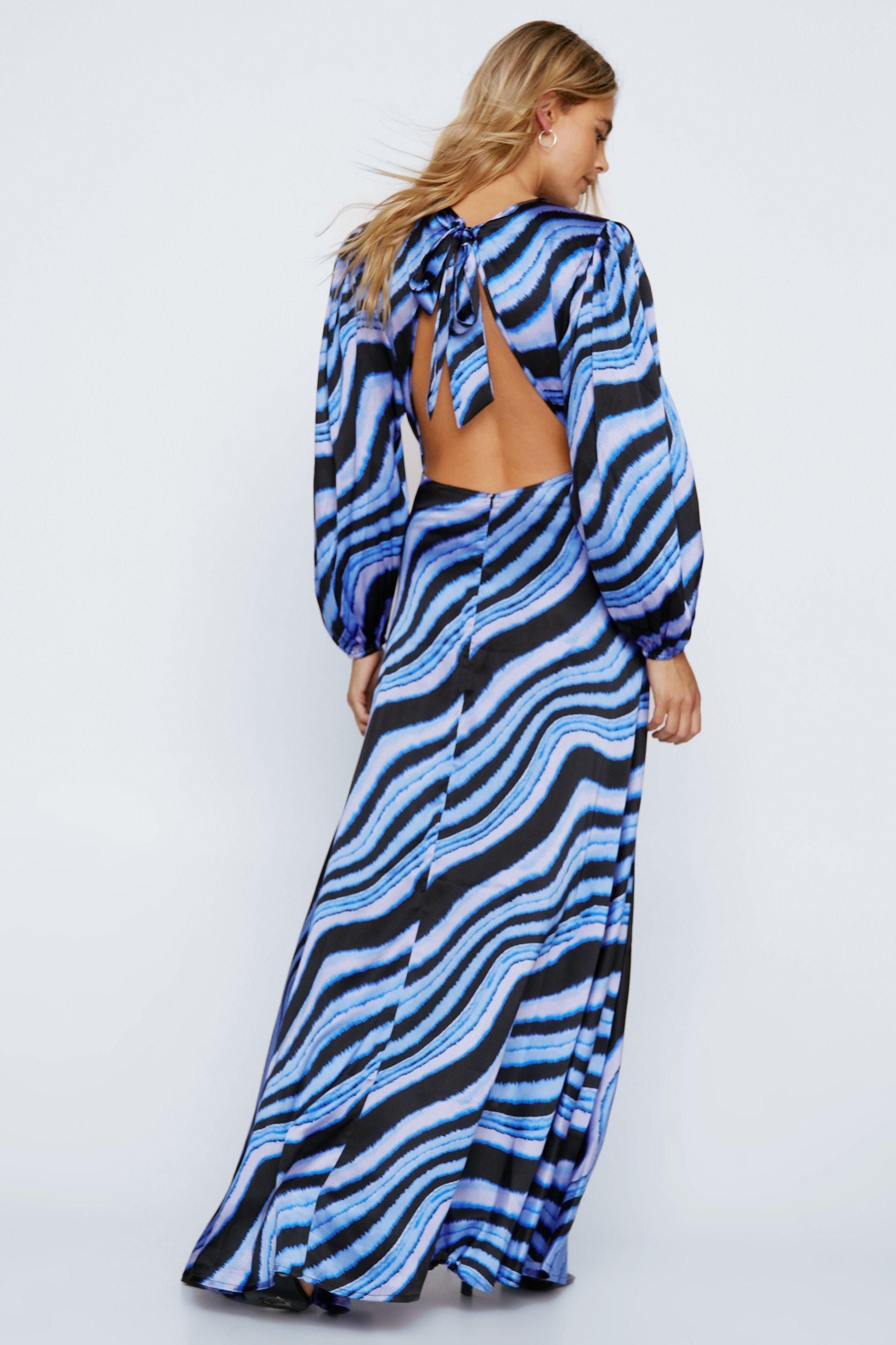 NastyGal Marble Satin Long Sleeve Open Back Dress Black