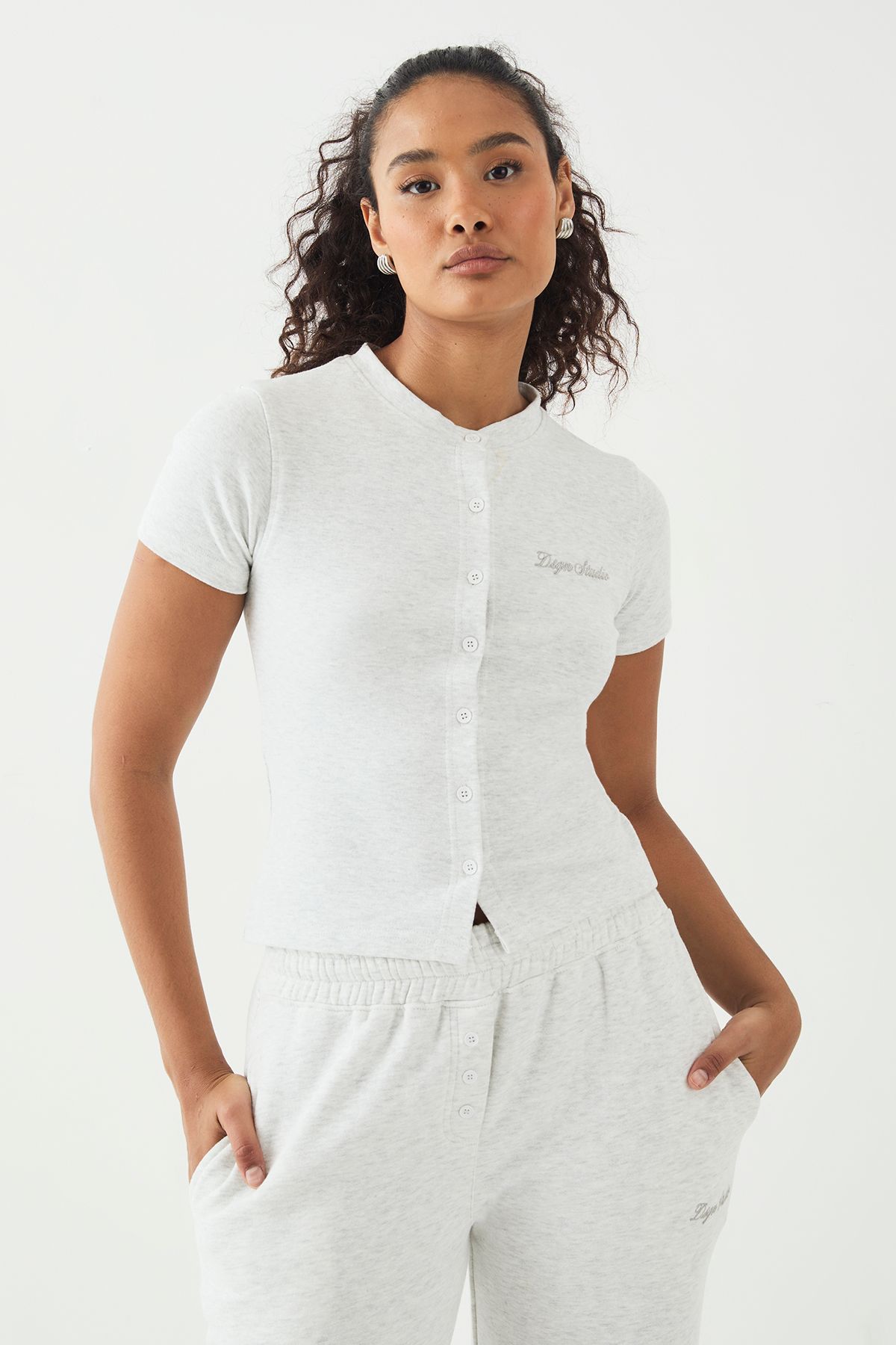 DSGN Studio DSGN Studio Script Embroidery Ribbed Button Through Short Sleeve Top Ash Grey image 3