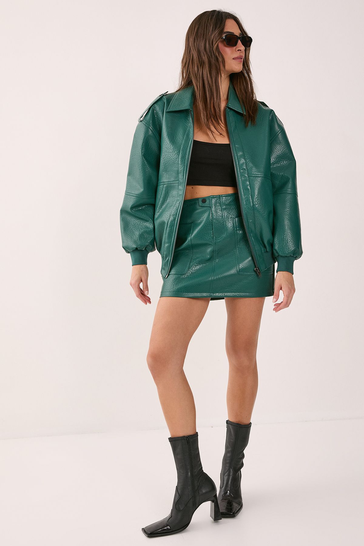 NastyGal Textured Faux Leather Zip Through Bomber Jacket Forest image 2