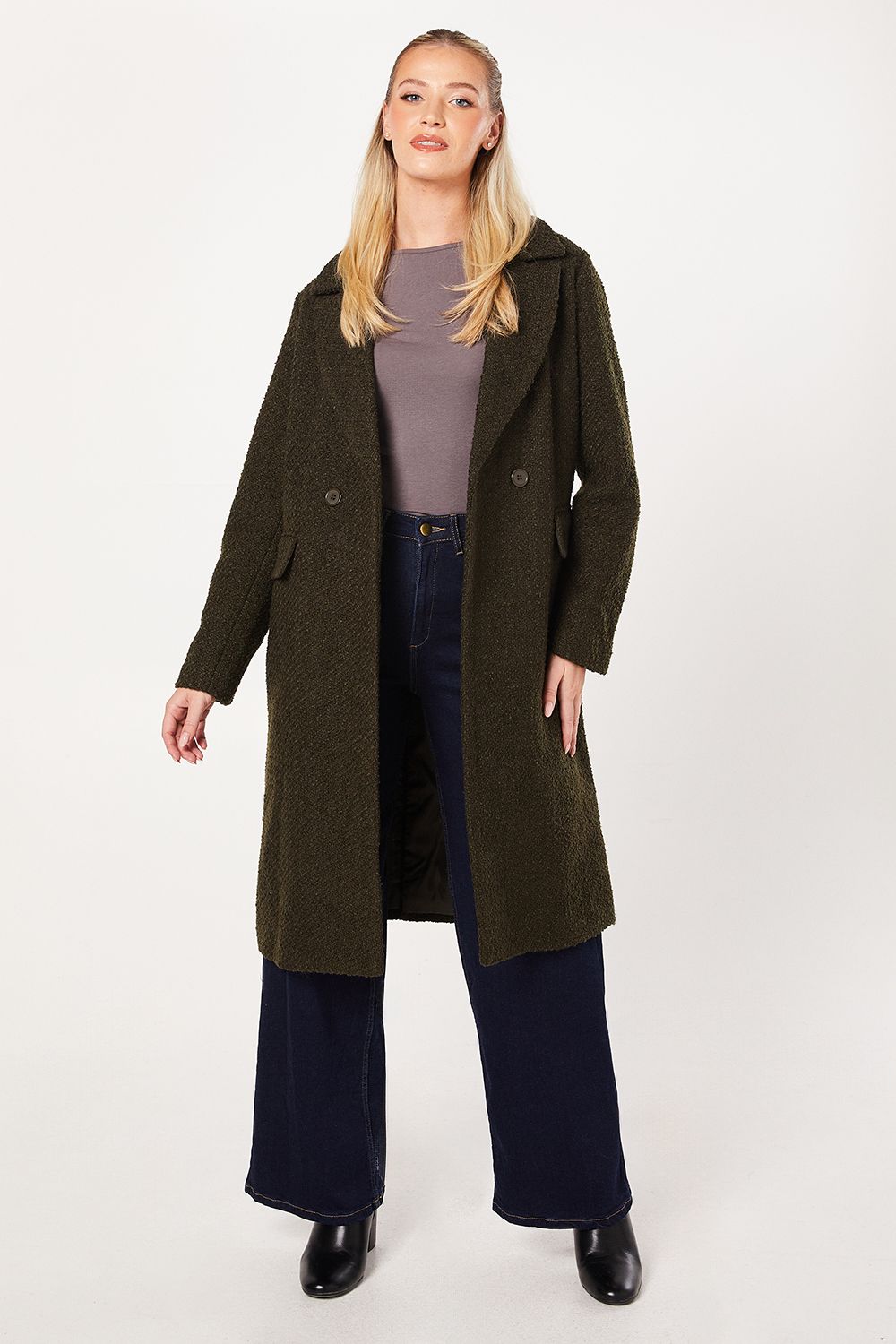 Dorothy Perkins Smart Boucle Double Breasted Coat Khaki image 2