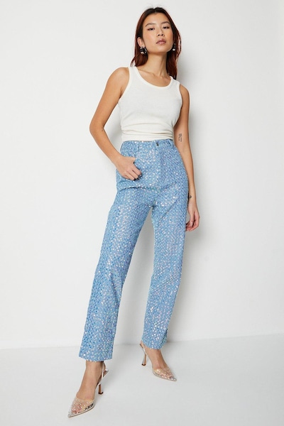 Warehouse Sequin Straight Leg Denim Jeans Mid Blue