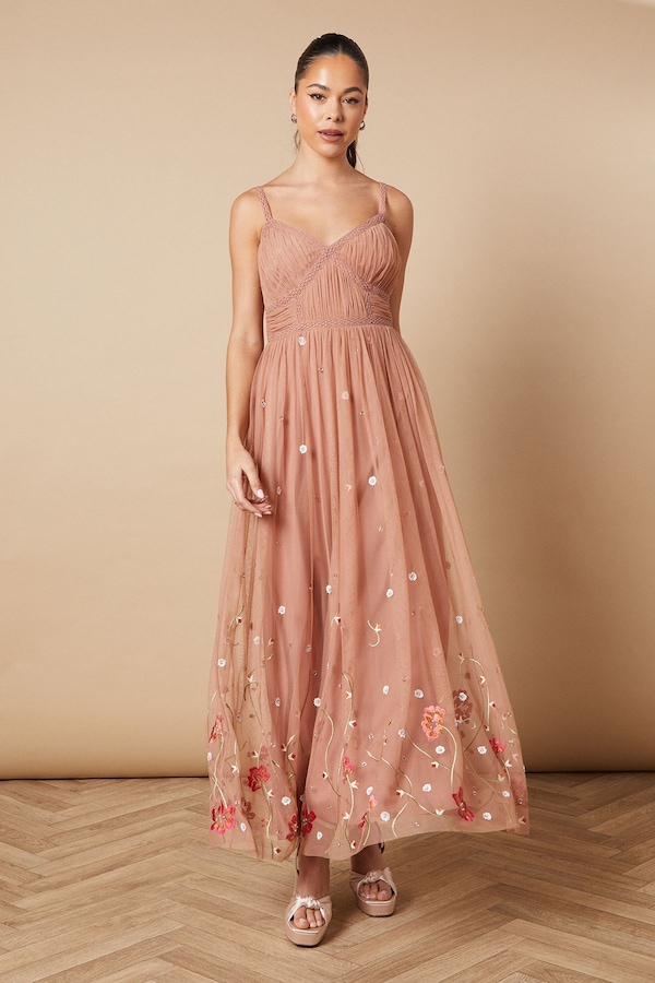 Oasis Hand Embellished Floral Detail Tulle Midi Dress Dusky Pink