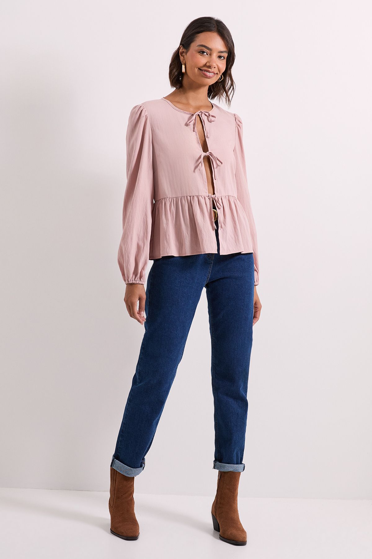 Dorothy Perkins Tie Front Long Sleeve Blouse Dusky Pink image 2