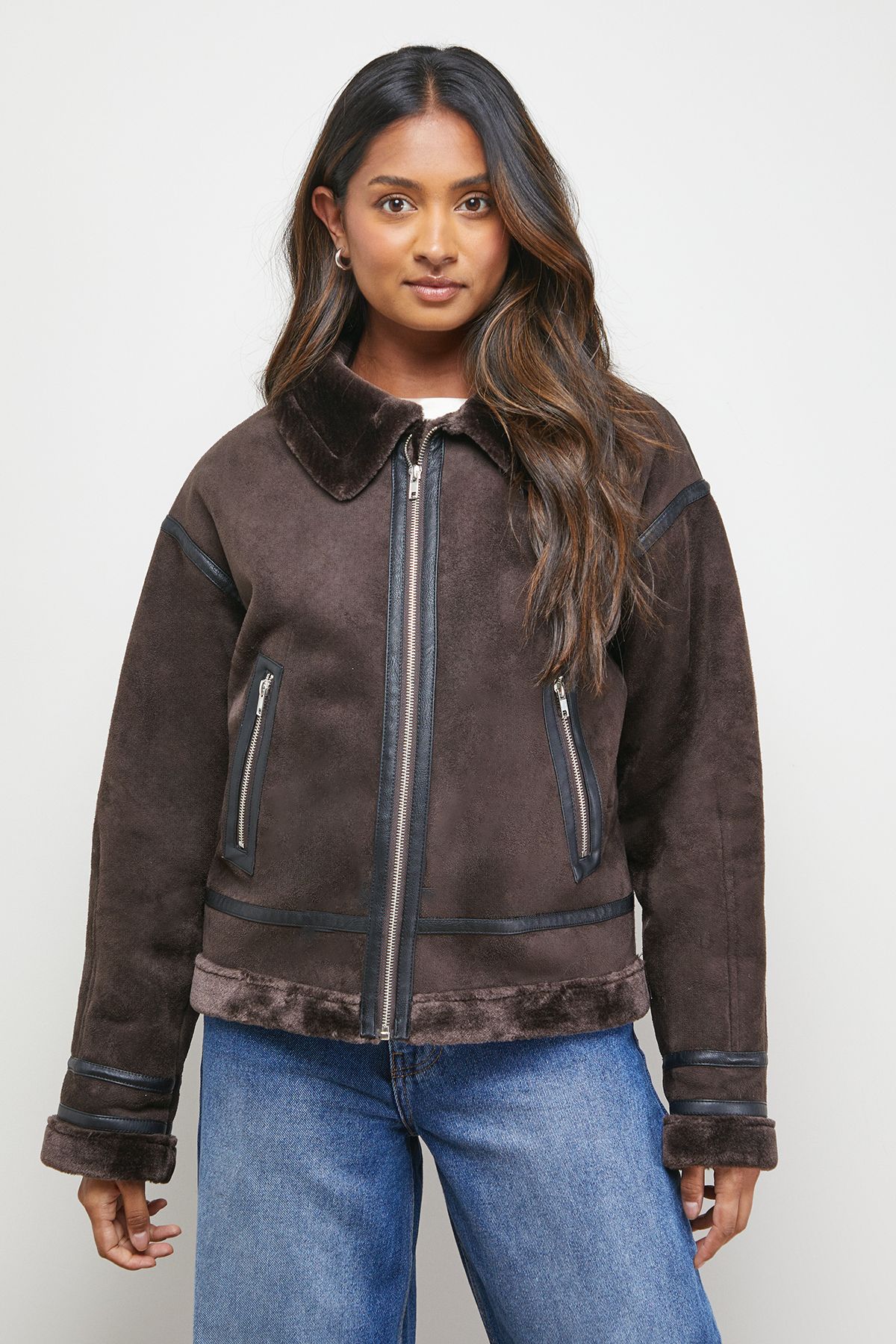 Oasis Zip Through Faux Leather Short Aviator Jacket Chocolate image 1