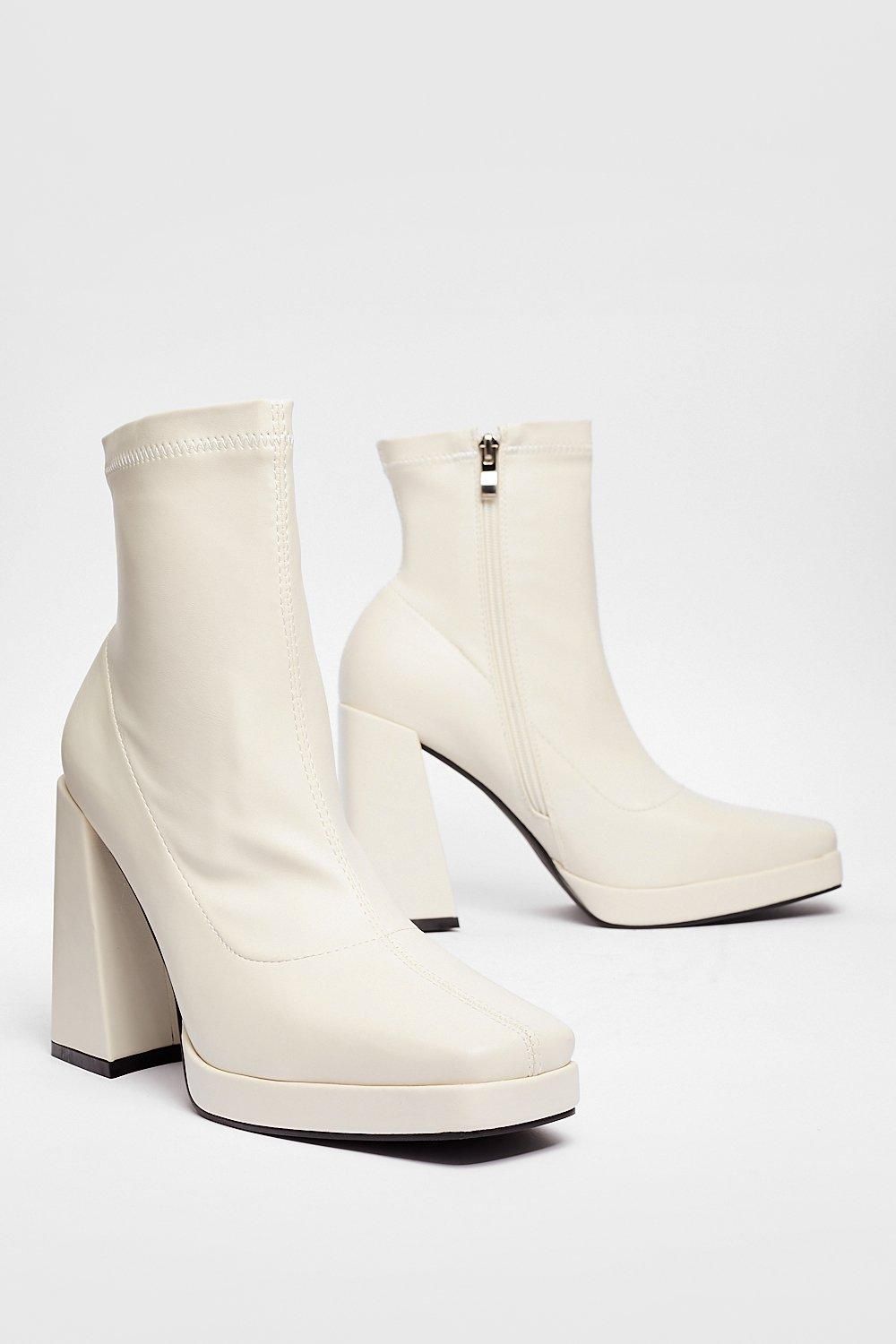 NastyGal Faux Leather Square Toe High Ankle Boots Cream image 4
