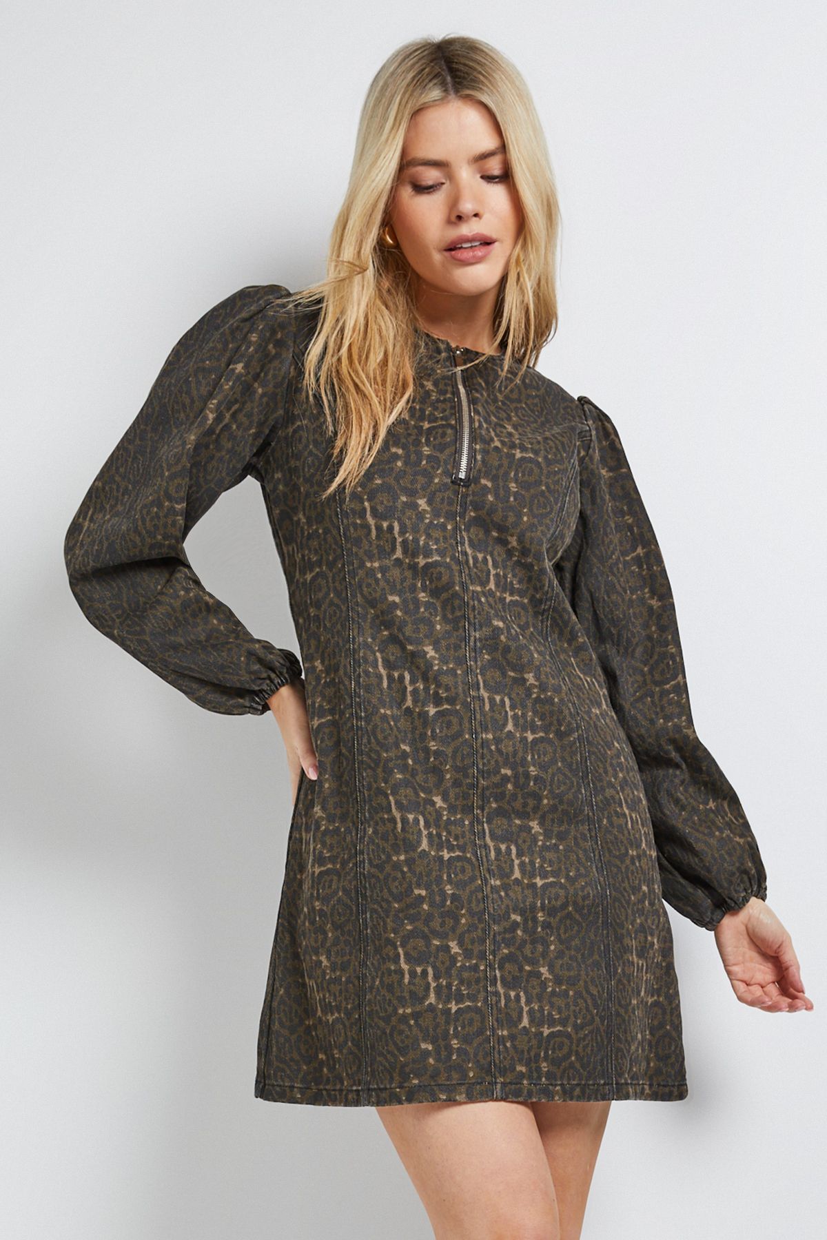 Dorothy Perkins Leopard Zip Front Denim Mini Dress Leopard