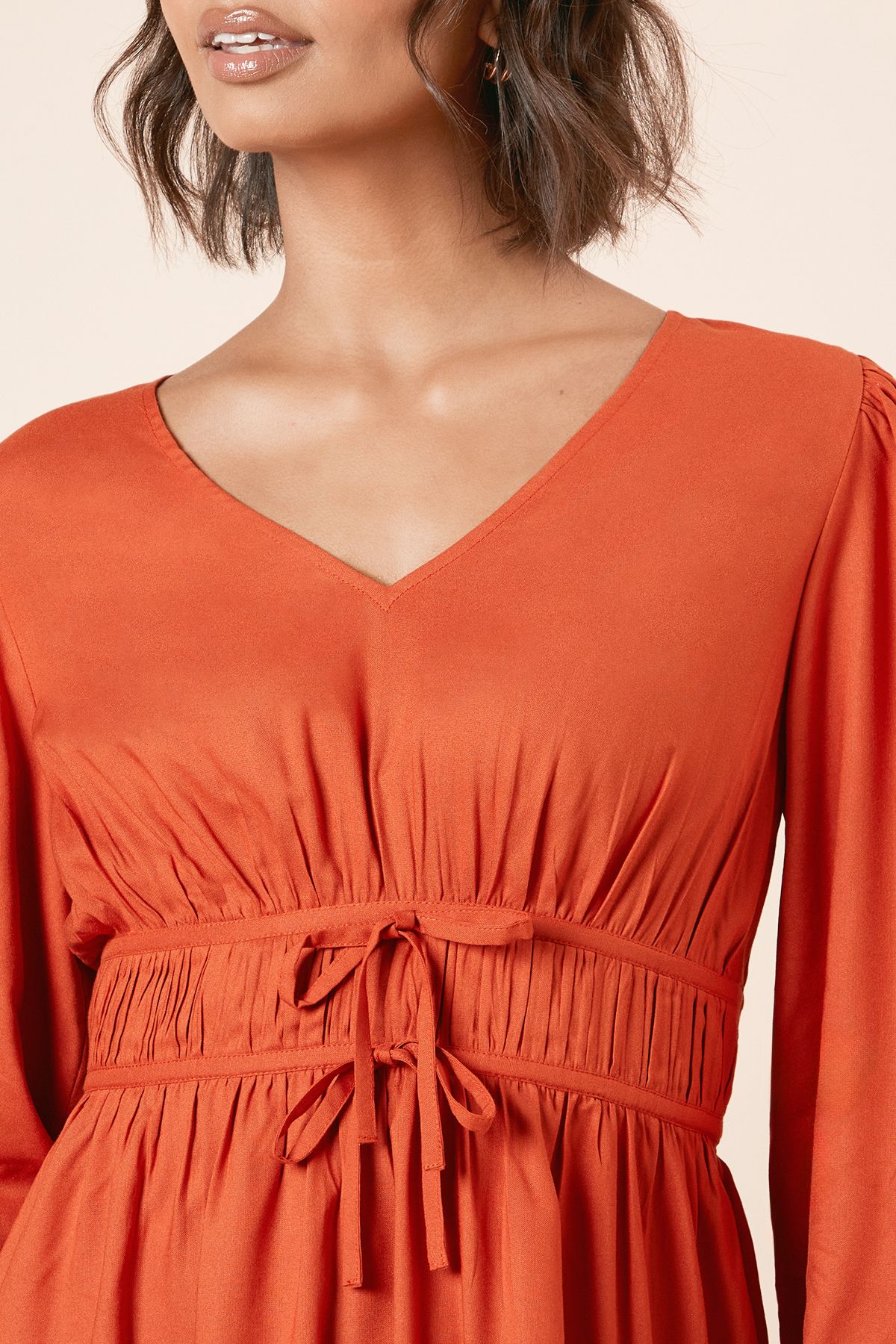 Dorothy Perkins Tie Detail Blouse Sleeve Mini Dress Ochre image 5