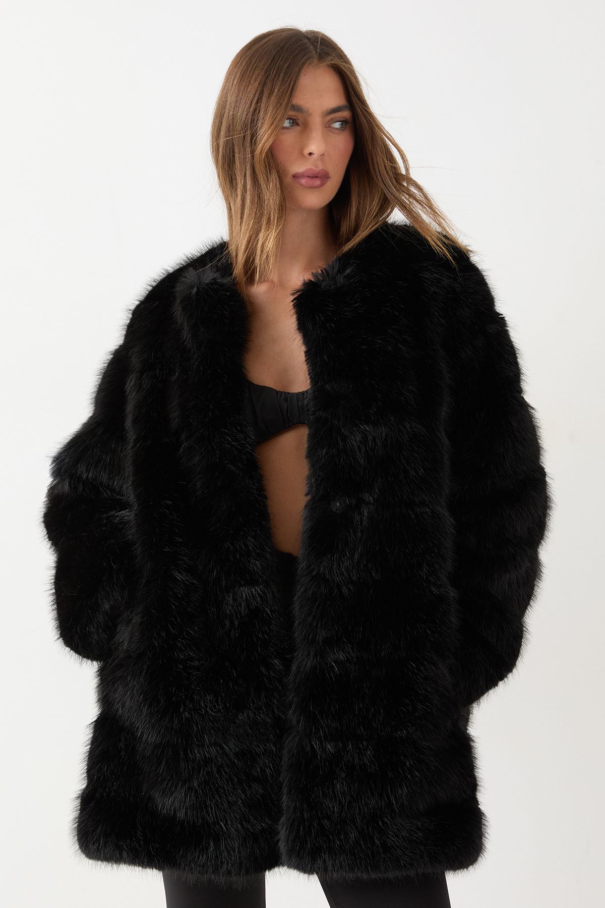 MissPap Panelled Faux Fur Coat Black image 2