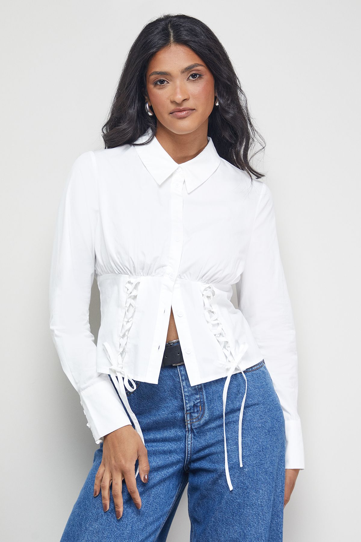 Warehouse Cotton Lattice Front Fitted Waist Shirt White image 1