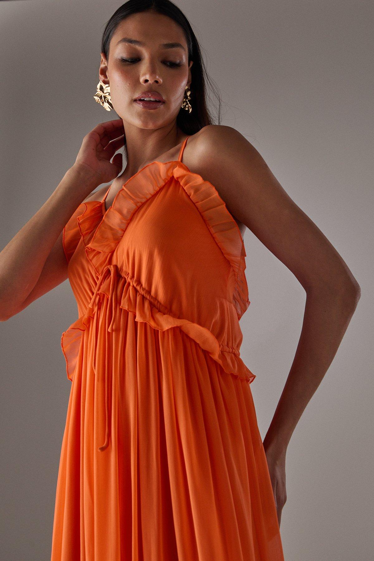 Warehouse HCD Chiffon Ruffle Strappy Floaty Maxi Dress Orange image 4