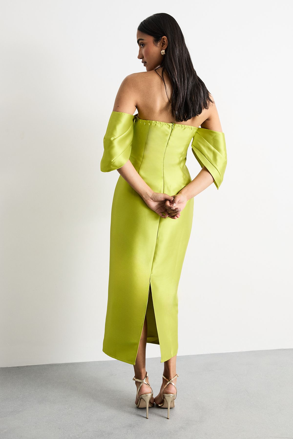 Warehouse Structured Puff Sleeve Bardot Midi Dress Chartreuse image 3